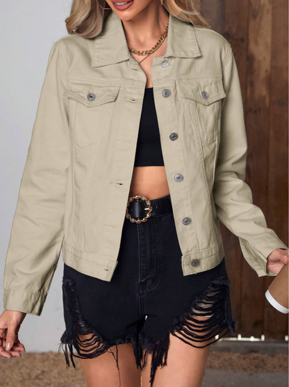 Khaki Frenchy Flap Pocket Button-Front Denim Jacket