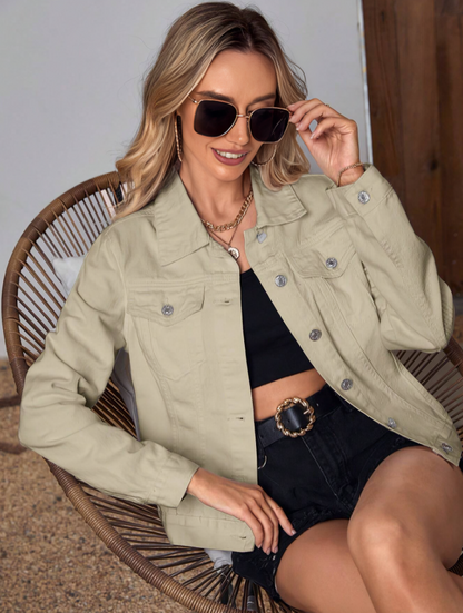 Khaki Frenchy Flap Pocket Button-Front Denim Jacket