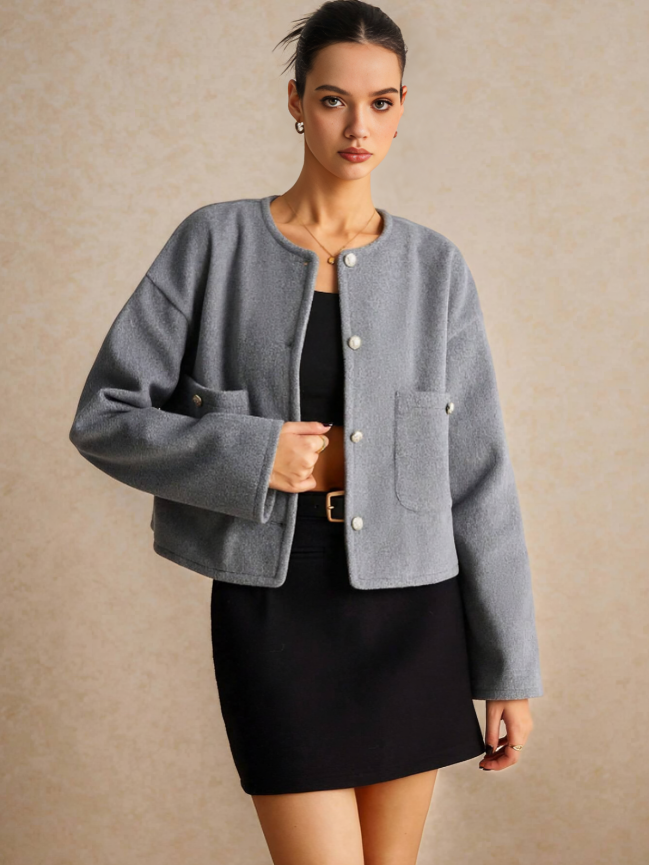 Grey Women's Button-Up Long Sleeve Woolen Coat