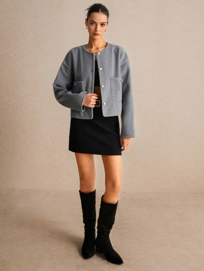 Grey Women's Button-Up Long Sleeve Woolen Coat