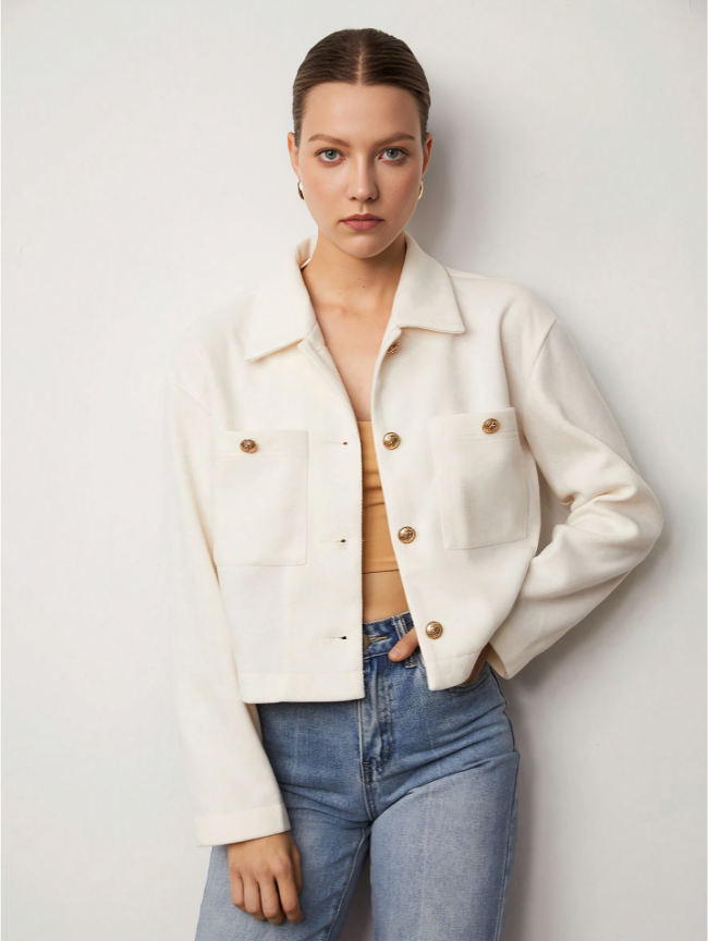 Beige Lapel Collar Dual Pocket Front Button Jacket